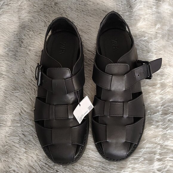 Men Zara Cage Buckle Up Sandals/Shoes Leather Black size (43 EUR) (10 USA) main image 5